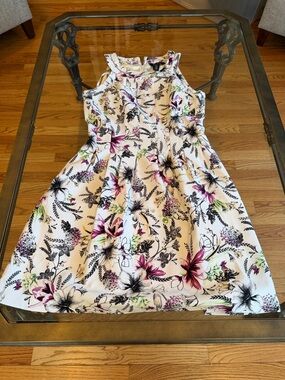 White House Black Market White Floral Fit-and-Flare Dress with Pink Accents